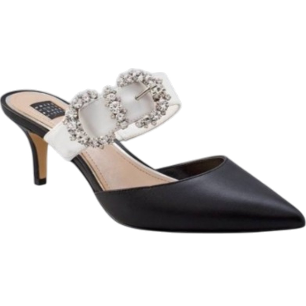 White House Black Market Black/White Madelyn Mules Rhinestone Buckle Size 9